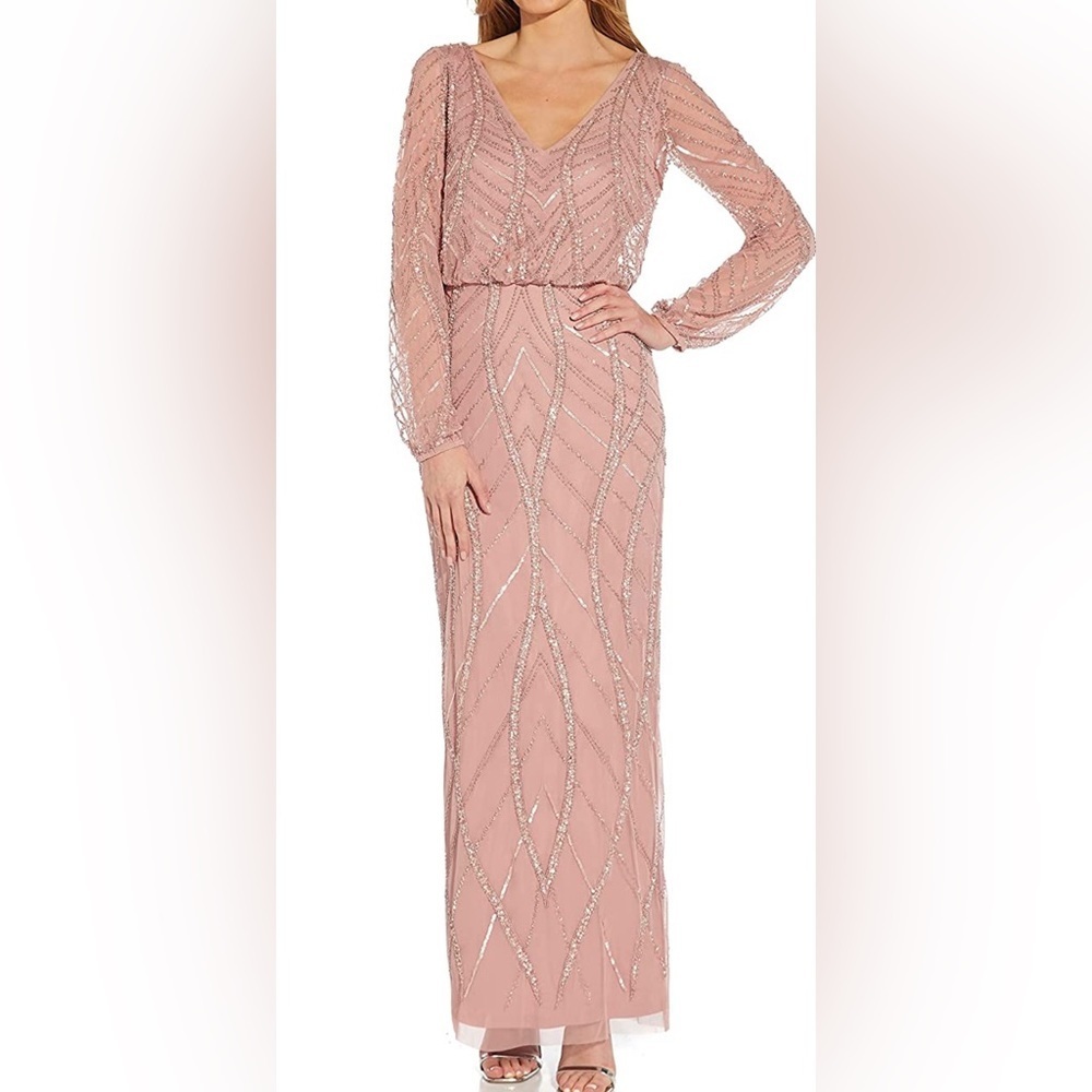 Women’s Formal Dress Size 4 Adrianna Papell Beaded Long Sleeve Maxi Blush Pink